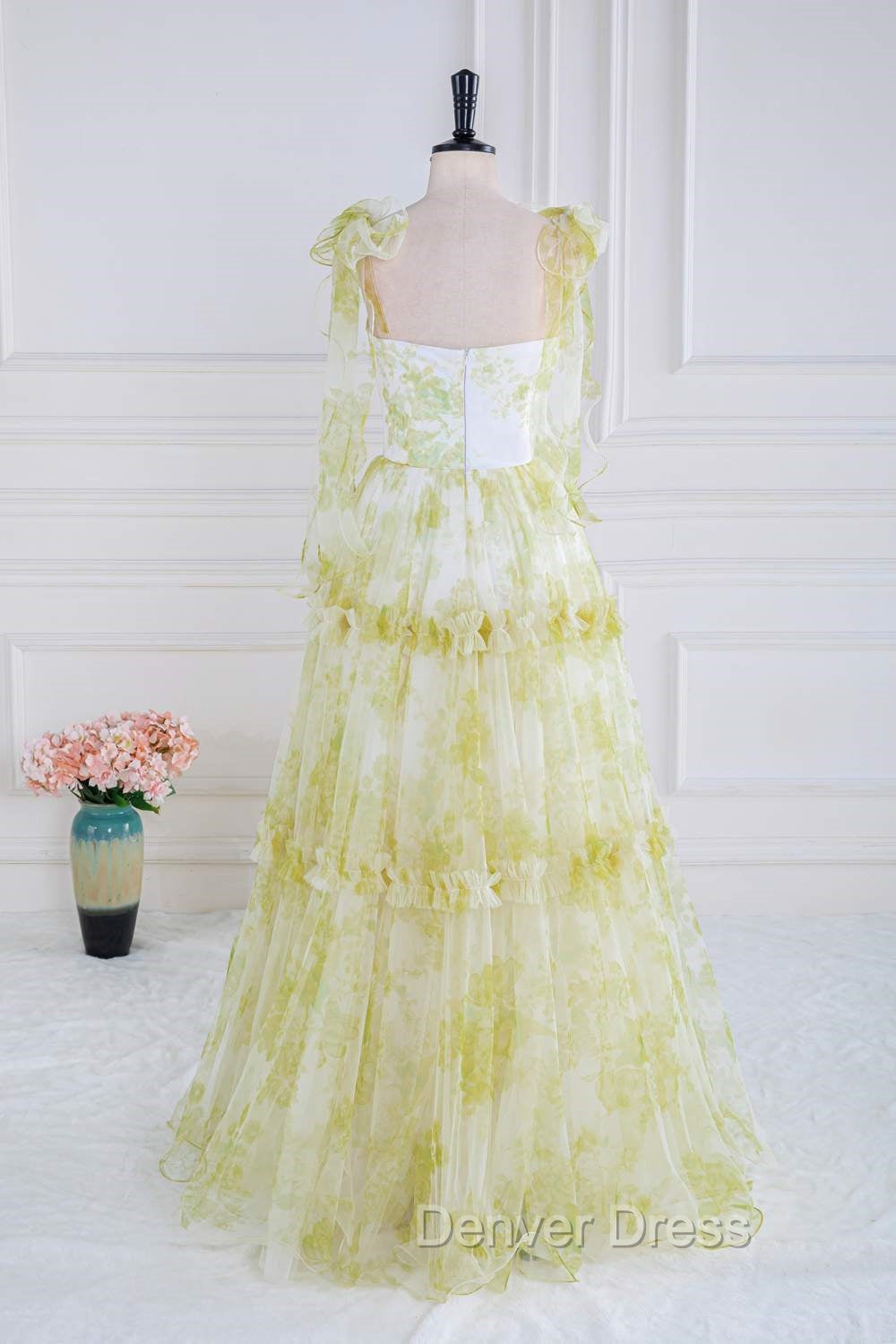 Tie Straps Yellow Floral Print Ruffles Tulle Long Prom Dresses