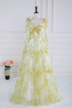 Tie Straps Yellow Floral Print Ruffles Tulle Long Prom Dresses