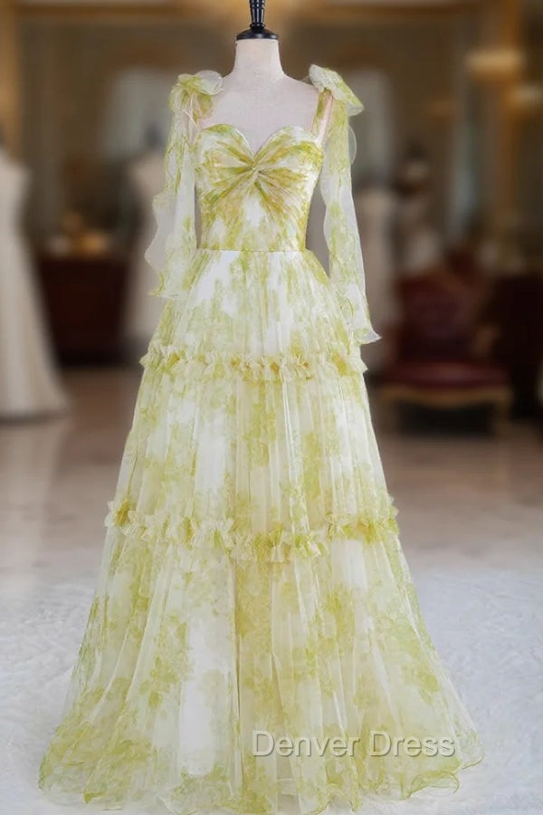 Tie Straps Yellow Floral Print Ruffles Tulle Long Prom Dresses