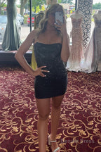 Tight Black Open Back Sequins Homecoming Dresses