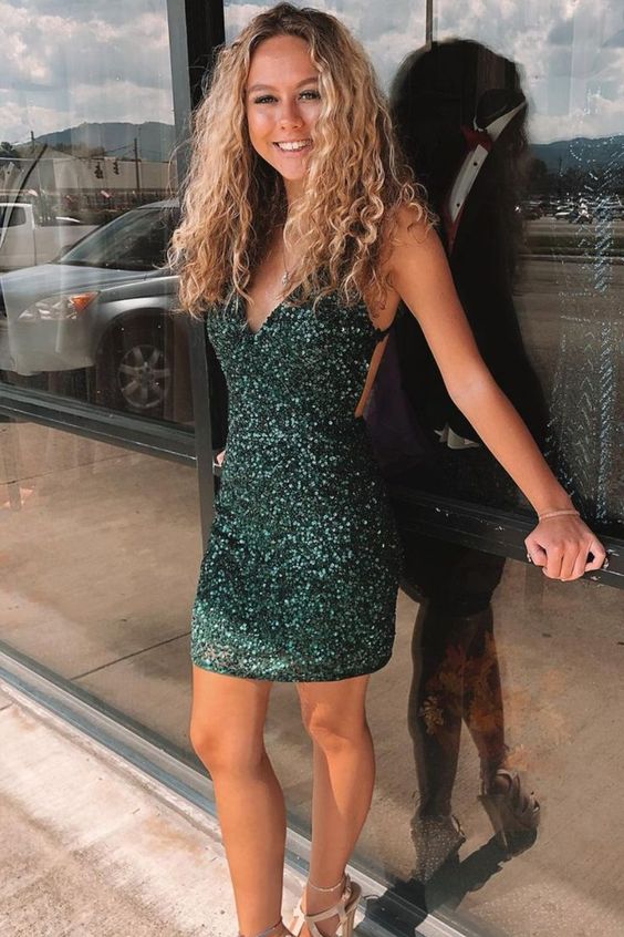 Tight Dark Green Sequins Mini Homecoming Dress Prom Dresses Main image