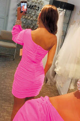 tight fuchsia ruched homecoming dress with sleeves