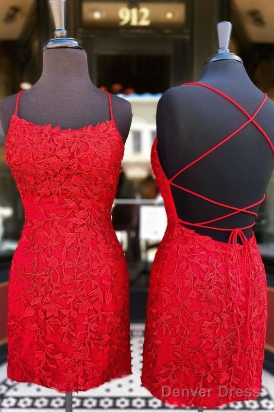 Tight Red Lace Appliques Party Dress Homecoming Dress With Lace Up Back Main image