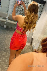 tight red open back sequins homecoming dress