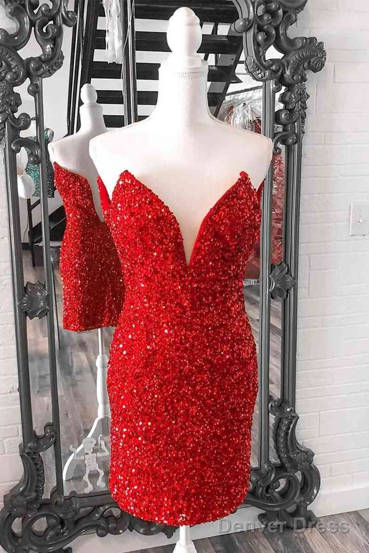 Tight Red Sequins Prom Dress Strapless V Neck Short Homecoming Dresses Main image