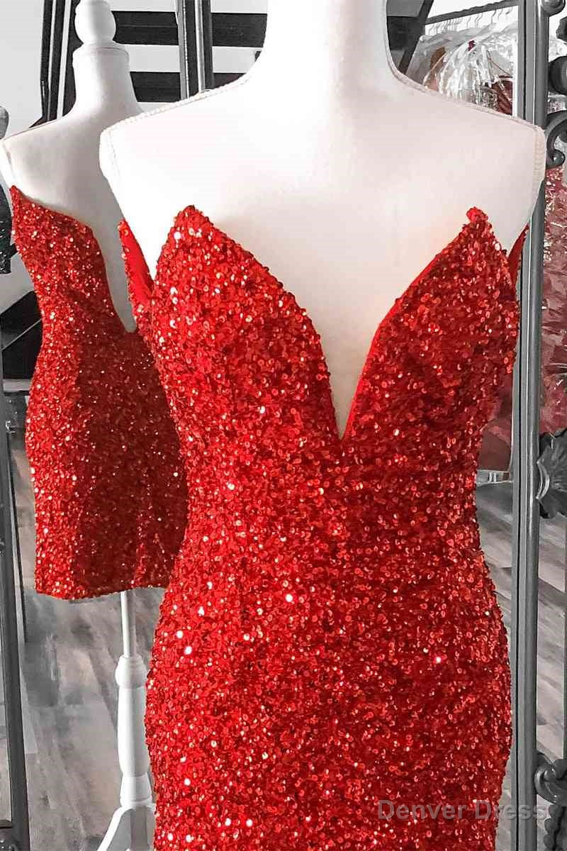 Tight V Neck Red Sequins Short Prom Dress,Sparkly Bodycon Dresses