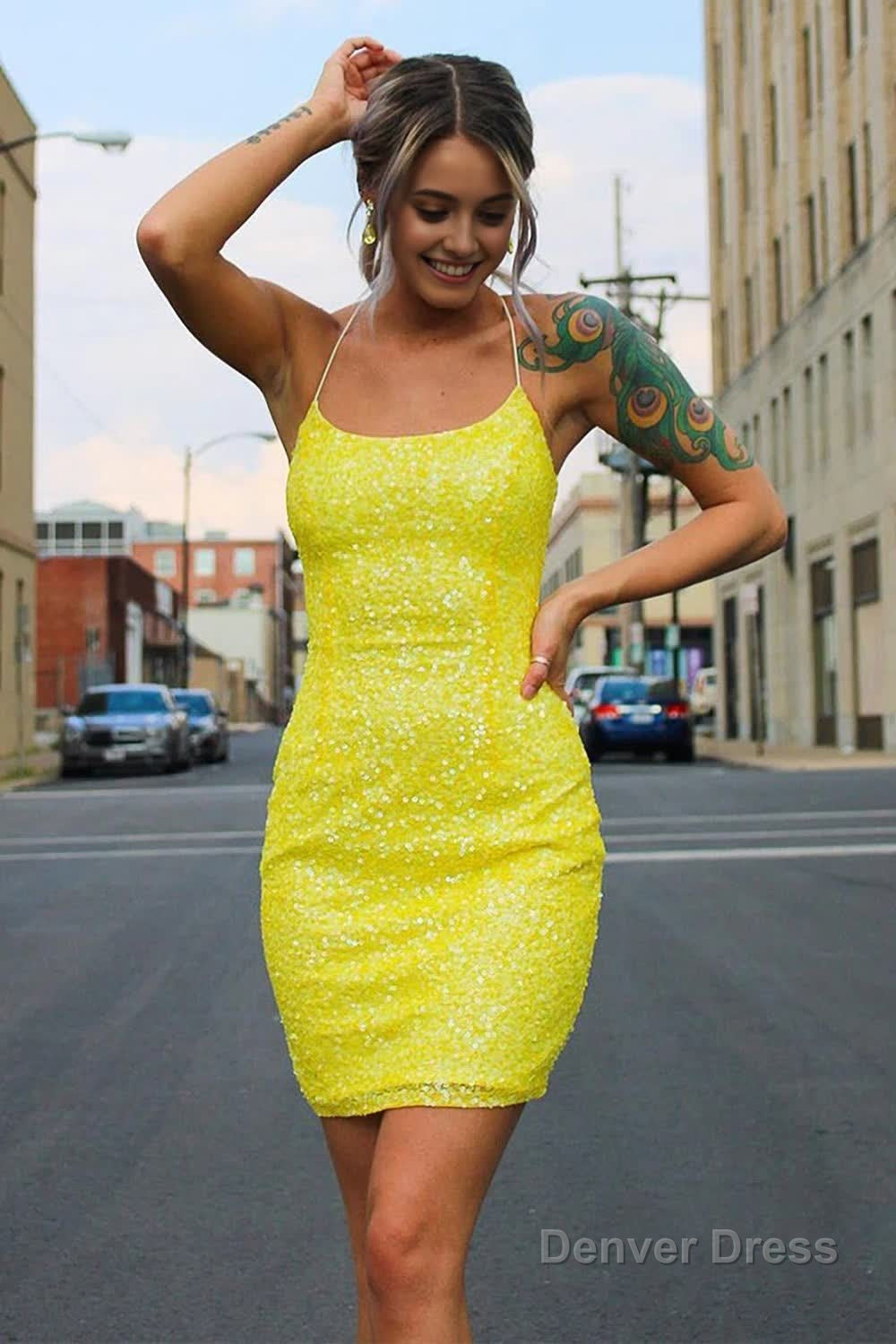 tight yellow sequins homecoming dress