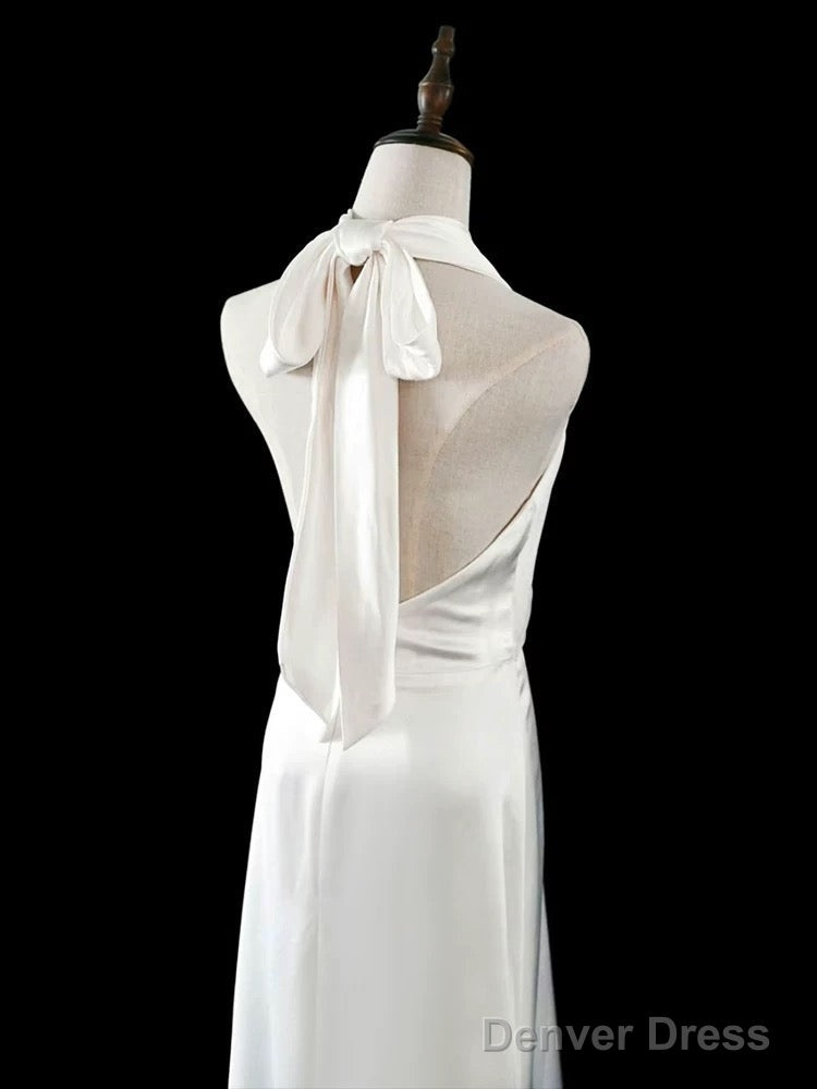 Timeless A Line Halter Satin White Wedding Dress Brides Dresses