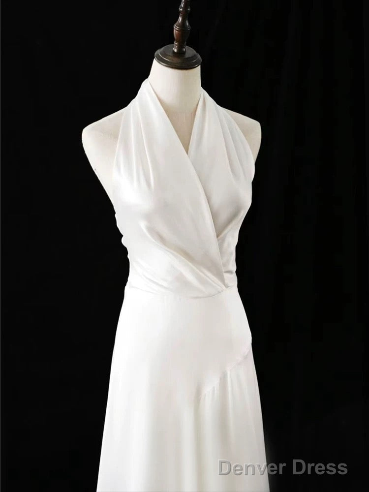 Timeless A Line Halter Satin White Wedding Dress Brides Dresses