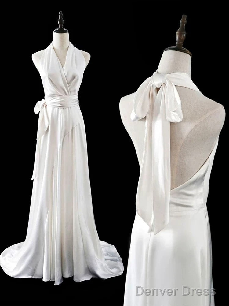 Timeless A Line Halter Satin White Wedding Dresses Brides Dress Main image