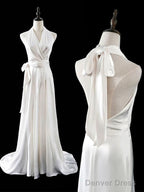 Timeless A Line Halter Satin White Wedding Dresses Brides Dress