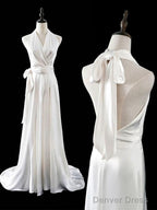 Timeless A Line Halter Satin White Wedding Dress Brides Dresses