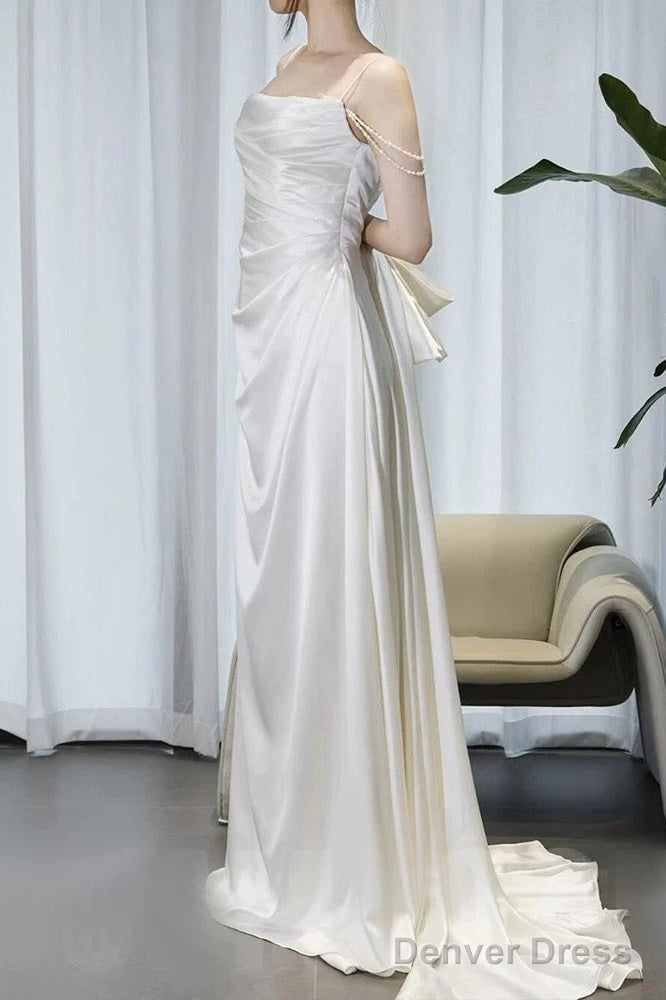 Timeless A Line Spaghetti Straps White Satin Long Wedding Dresses Secondary image