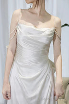 Timeless A Line Spaghetti Straps White Satin Long Wedding Dresses