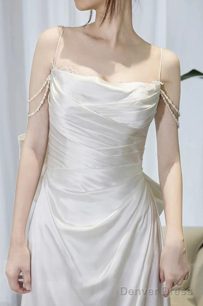 Timeless A Line Spaghetti Straps White Satin Long Wedding Dresses