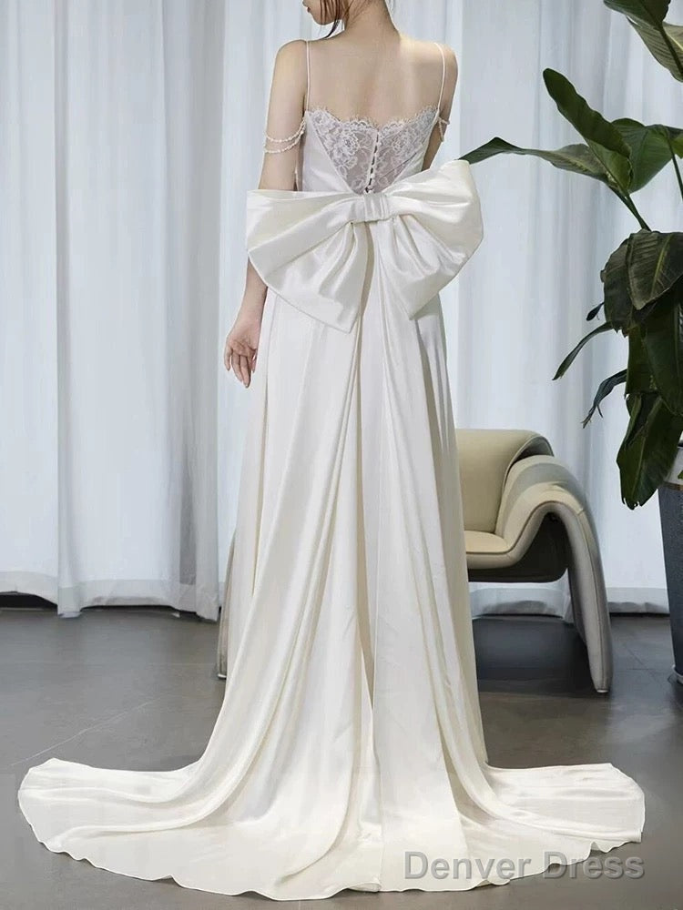 Timeless A Line Spaghetti Straps White Satin Long Wedding Dresses