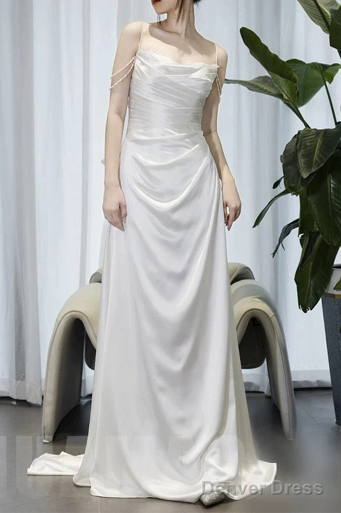 Timeless A Line Spaghetti Straps White Satin Long Wedding Dresses Main image