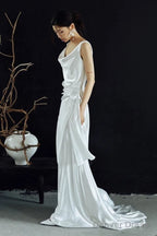 Timeless A Line Straps White Satin Long Wedding Dress Bridal Dresses