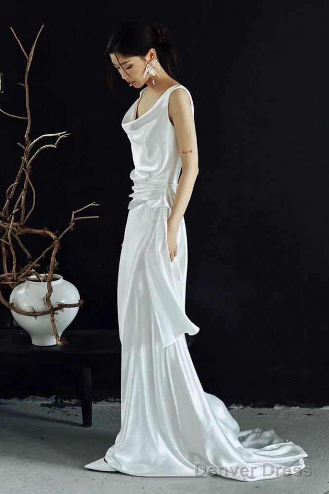Timeless A Line Straps White Satin Long Wedding Dress Bridal Dresses