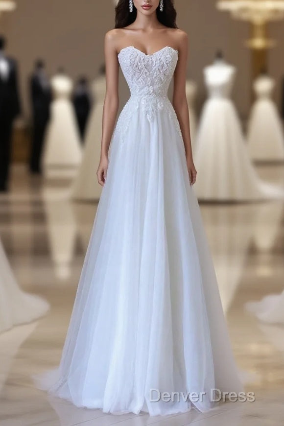 Timeless A Line Sweetheart Lace Tulle White Wedding Dress Brides Dresses