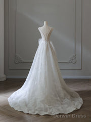 Timeless A Line V Neckline Sequin Sleeveless White Wedding Dresses Brides Dress