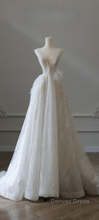 Timeless A Line V Neckline Sequin Sleeveless White Wedding Dress Brides Dresses