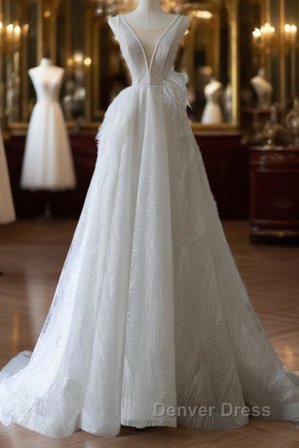 Timeless A Line V Neckline Sequin Sleeveless White Wedding Dress Brides Dresses Main image