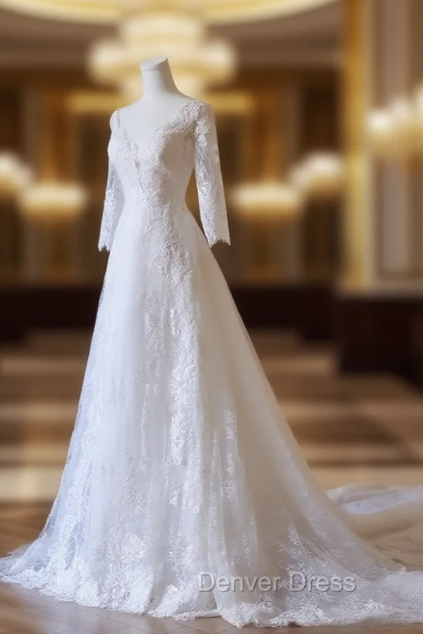 Timeless A Line V Neckline Tulle White Lace Long Wedding Dress Bridal Dresses Main image