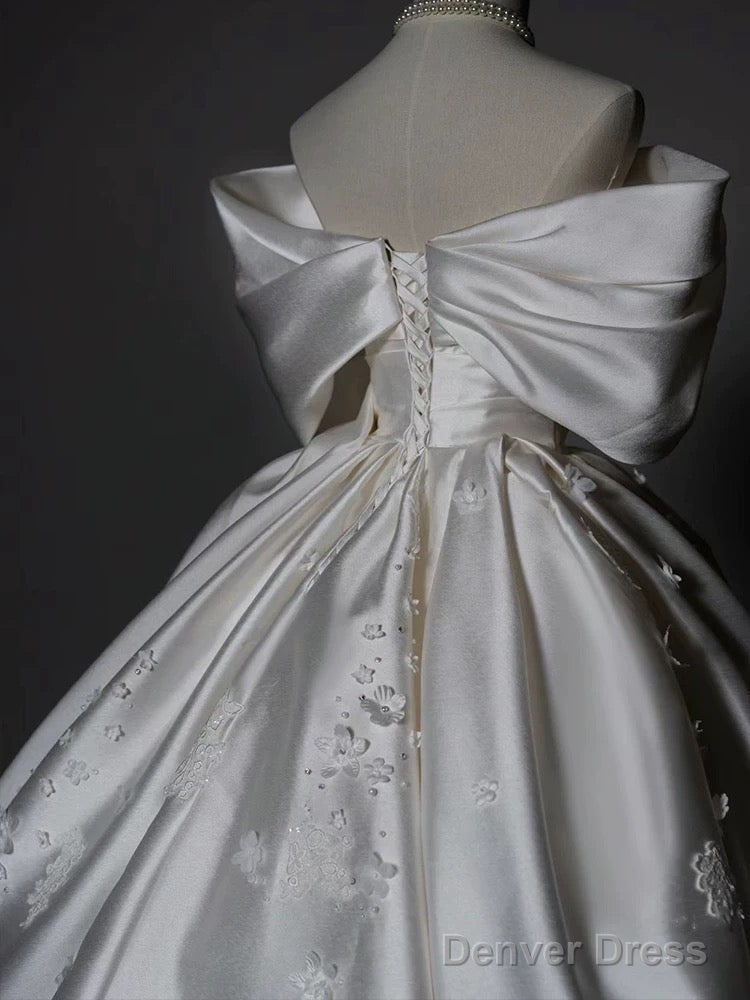 Timeless Ball Gown Off The Shoulder White Satin Long Wedding Dresses Bridal Dress