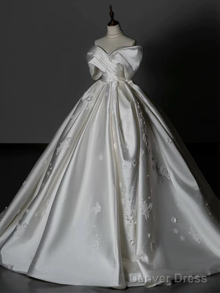 Timeless Ball Gown Off The Shoulder White Satin Long Wedding Dresses Bridal Dress