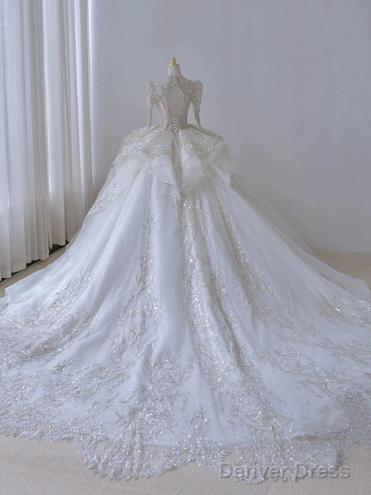 Timeless Ball Gown Scoop Long Sleeves Lace White Wedding Dresses Brides Dress