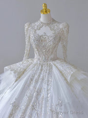 Timeless Ball Gown Scoop Long Sleeves Lace White Wedding Dresses Brides Dress