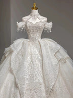 Timeless Ball Gown Sweetheart Short Sleeves Lace White Wedding Dresses Brides Dresses