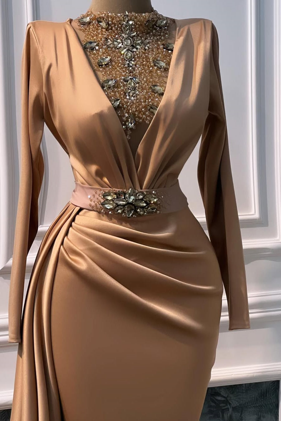 Timeless Gold High Collar Long Sleeves Satin Prom Dresses Mermaid Gem With Beads Ruffles Secondary image