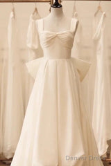 Timeless High Low Square Neckline Long White Satin Wedding Dresses