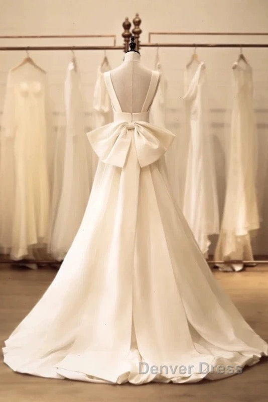 Timeless High Low Square Neckline Long White Satin Wedding Dresses