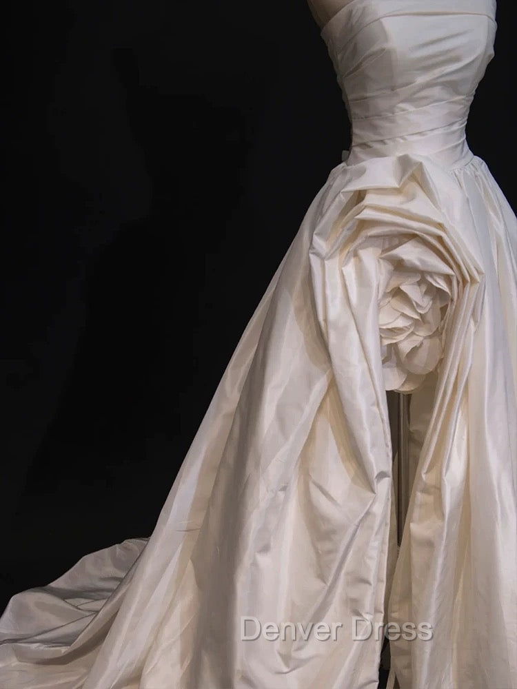 Timeless High Low Strapless Satin Ivory Wedding Dress Brides Dresses