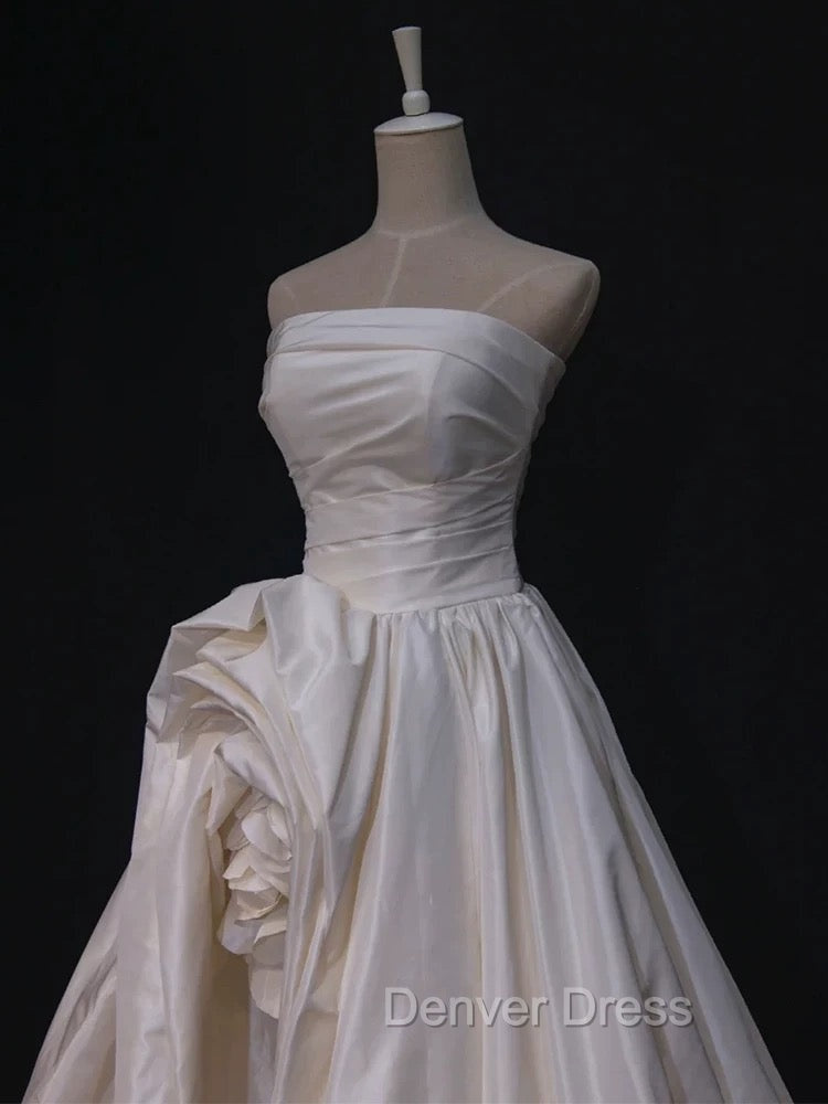 Timeless High Low Strapless Satin Ivory Wedding Dress Brides Dresses
