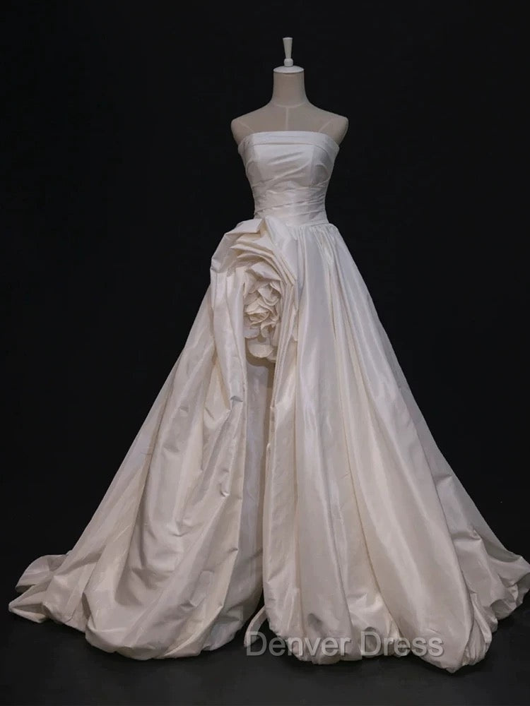Timeless High Low Strapless Satin Ivory Wedding Dress Brides Dresses