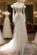 Timeless Mermaid Off The Shoulder Tulle White Wedding Dresses