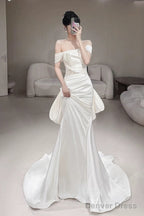 Timeless Mermaid Off The Shoulder White Satin Long Wedding Dress Bridal Dresses