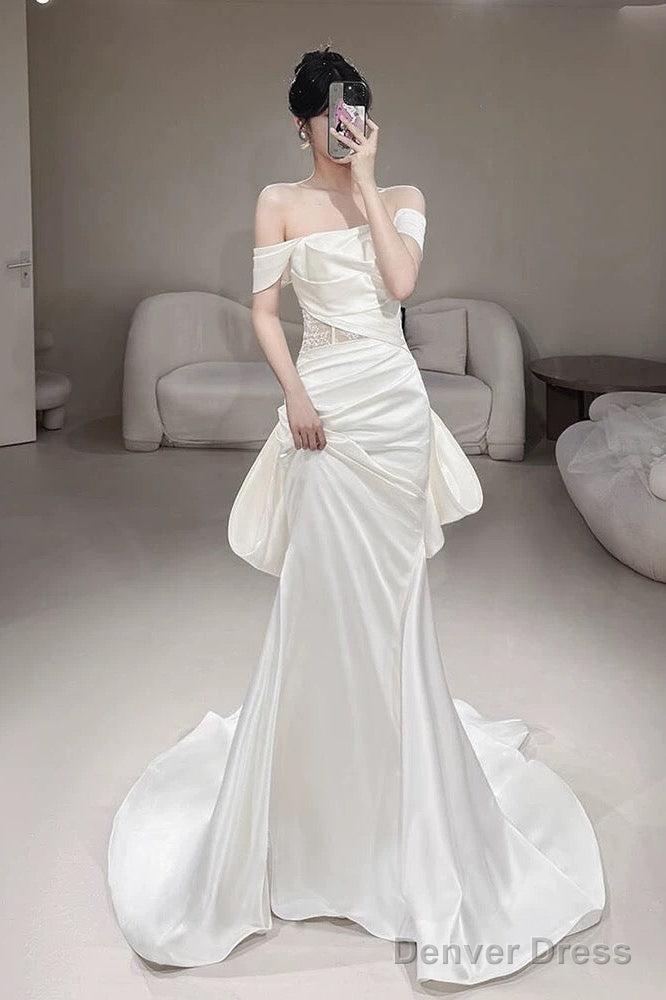 Timeless Mermaid Off The Shoulder White Satin Long Wedding Dress Bridal Dresses