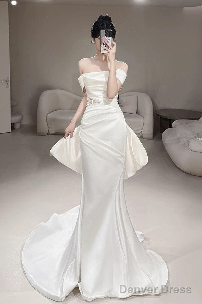 Timeless Mermaid Off The Shoulder White Satin Long Wedding Dresses Bridal Dress