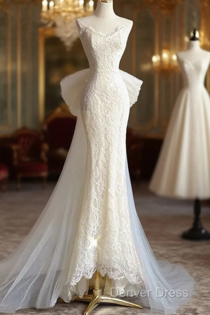 Timeless Mermaid Sweetheart Lace White Satin Wedding Dresses Main image
