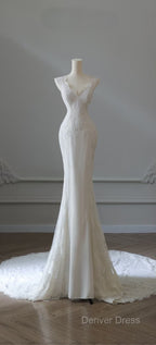 Timeless Mermaid V Neckline White Lace Wedding Dresses Bridal Dresses