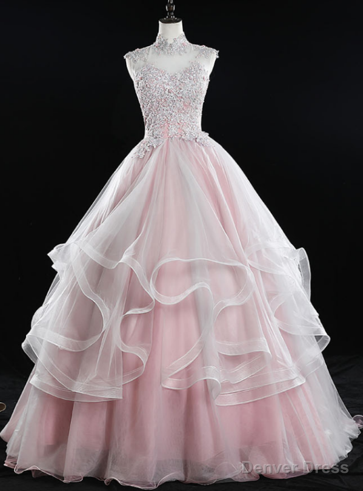 To Choose From Pink Ball Gown Tulle Appliques High Neck Backless Quinceanera Dress Main image