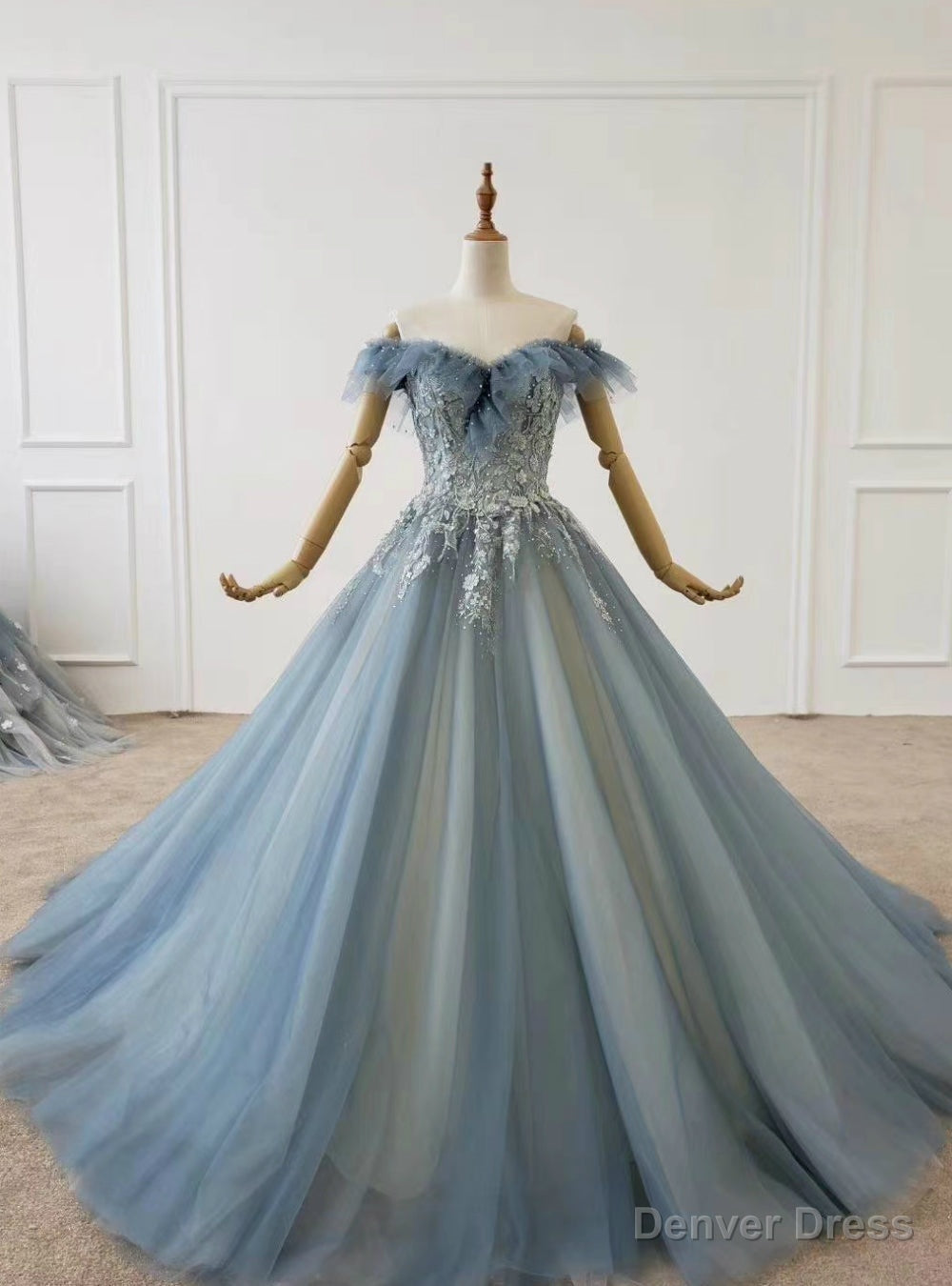 To Fit Your Style Blue Ball Gowns Tulle Off the Shoulder Appliques Beading Sequins Prom Dresses