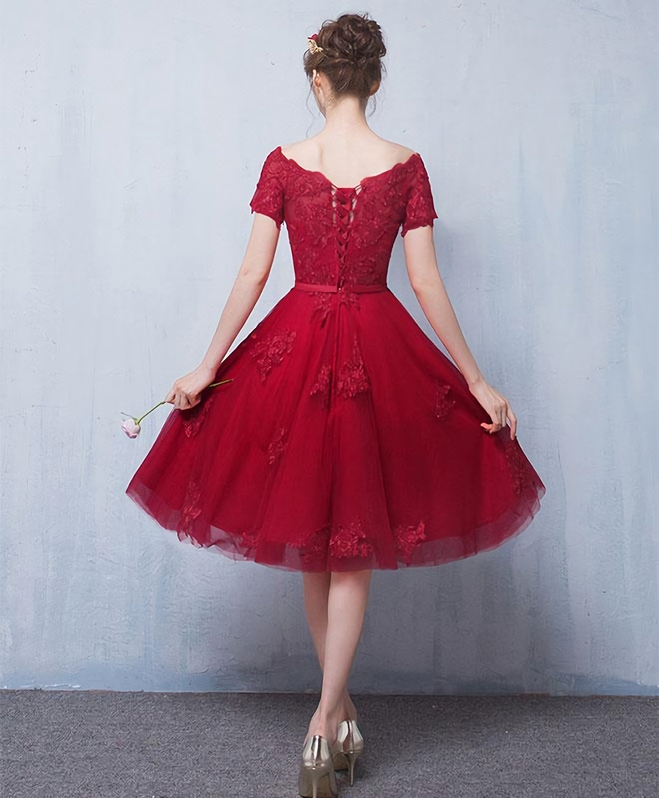 Cute Burgundy Lace Short Prom Dress Homecoming Dresses