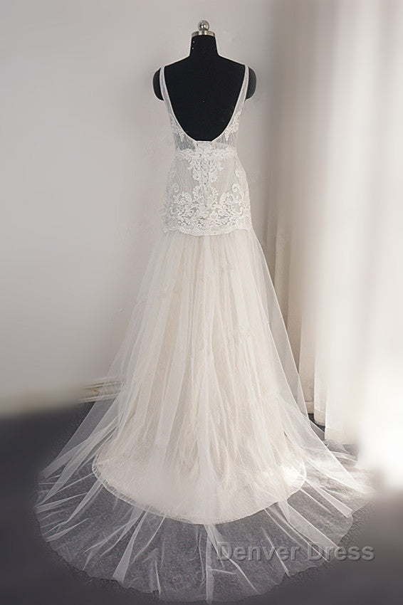 Trendy Ivory Sleeveless Lace Tulle High split A line Wedding Dresses Secondary image