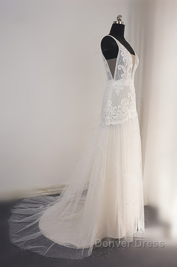 Trendy Ivory Sleeveless Lace Tulle High split A Line Wedding Dresses